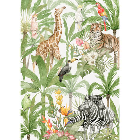 Papier peint panoramique Enfants - Animaux de la Jungle - 130 cm x 184 cm