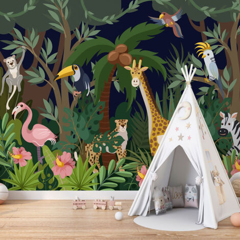 Papier peint panoramique Enfants - Animaux de la Jungle - 130 cm x 87 cm