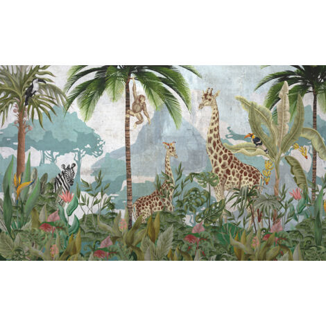 Papier peint panoramique Enfants - Animaux de la Jungle - 195 cm x 117 cm