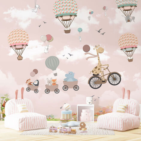 Papier peint panoramique Enfants - Animaux Montgolfières - 260 cm x 208 cm