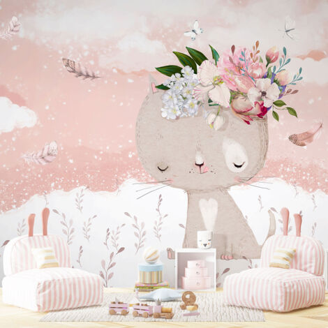 Papier peint panoramique Enfants - Chat Fleurs - 130 cm x 81 cm