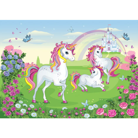Papier peint panoramique Enfants - Château Licornes - 130 cm x 93 cm