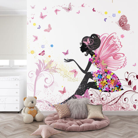 Papier peint panoramique Enfants - Fée Fleurs Papillons - 130 cm x 130 cm