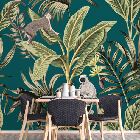 Papier peint panoramique Enfants - Feuilles tropicales Singes - 130 cm x 130 cm
