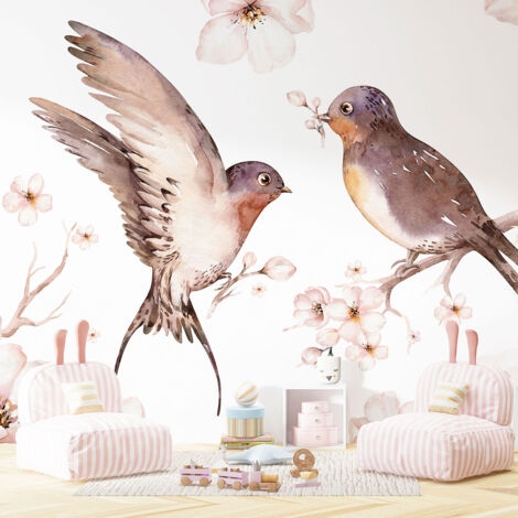 Papier peint panoramique Enfants - Fleurs Oiseaux - 130 cm x 87 cm