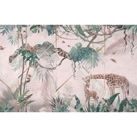Papier peint panoramique enfants - Forêt Tropicale Girafes - 130 cm x 83 cm