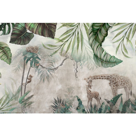 Papier peint panoramique enfants - Forêt Tropicale Girafes - 130 cm x 87 cm