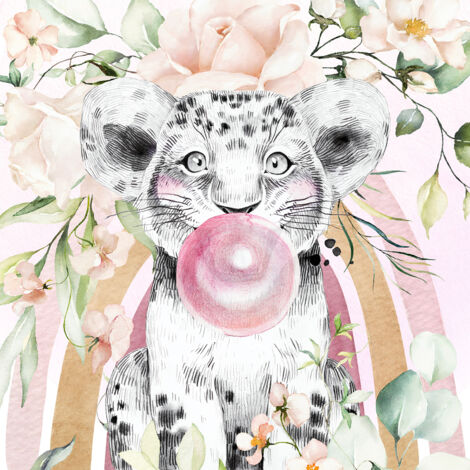Papier peint panoramique Enfants - Lion bulle Fleurs - 130 cm x 130 cm