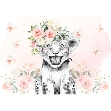 Papier peint panoramique Enfants - Lion Fleurs - 130 cm x 90 cm