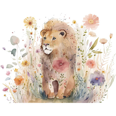 Papier peint panoramique Enfants - Lion Fleurs - 195 cm x 125 cm
