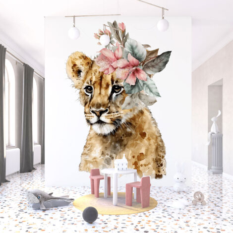 Papier peint panoramique Enfants - Lionne Fleurs - 397 cm x 255 cm