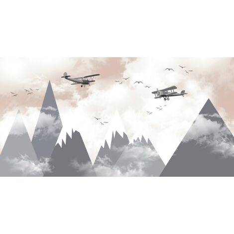 Papier peint panoramique Enfants - Montagnes Avions - 130 cm x 66 cm