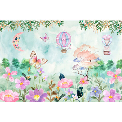 Papier peint panoramique Enfants - Montgolfières Papillons - 195 cm x 130 cm