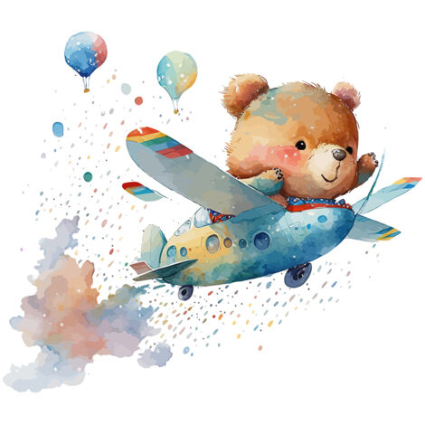 Papier peint panoramique Enfants - Ourson Avion - 130 cm x 84 cm