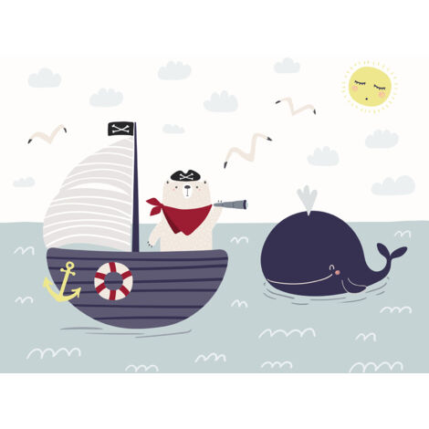 Papier peint panoramique Enfants - Ourson Bateau - 130 cm x 105 cm