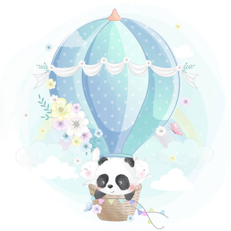 Papier peint panoramique Enfants - Panda Montgolfière - 195 cm x 195 cm