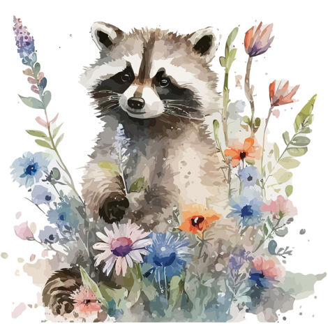 Papier peint panoramique Enfants - Raton Laveur fleurs - 130 cm x 84 cm