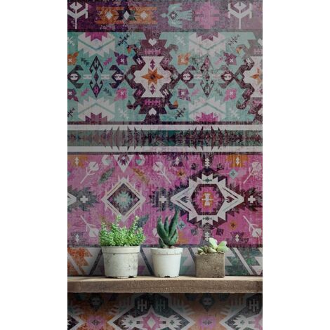 Papier peint panoramique ethnique bleu, rose & orange | Tapisserie panoramique motif ethnique pour salon | Papier peint panoramique original chambre - 270 x 400 cm (4 pièces)