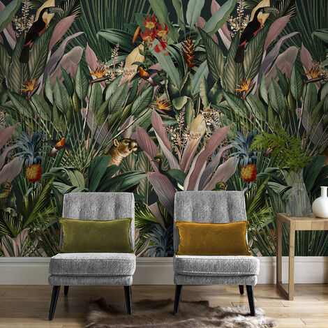 Papier peint panoramique exotique 280x200cm – Motif jungle avec animaux réalistes – Pose facile sans table à tapisser – Multicolore – Art For The Home