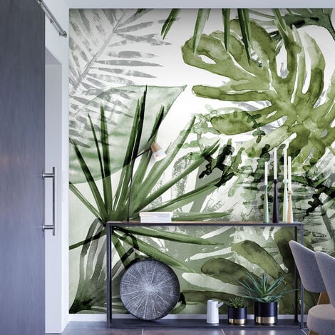 Papier peint panoramique Feuillage exubérant 200 x 280cm Vert, Blanc - Vert