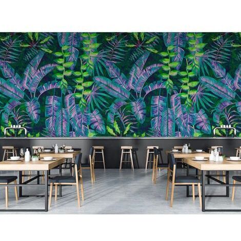 Papier peint panoramique feuillage tropical Tapisserie panoramique idéale pour bureau Papier peint panoramique exotique vert, bleu et violet