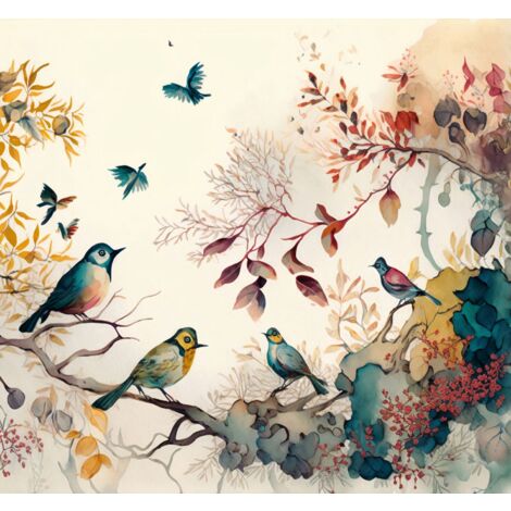 papier peint panoramique feuilles de la jungle tropicale et oiseaux de paradis beige, bleu et jaune  - Sanders & Sanders