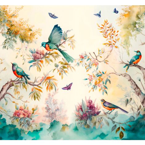 papier peint panoramique feuilles de la jungle tropicale et oiseaux de paradis turquoise et beige  - Sanders & Sanders