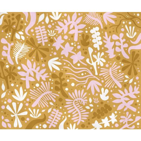 papier peint panoramique feuilles et fleurs marron terracotta et lilas violet  - Komar
