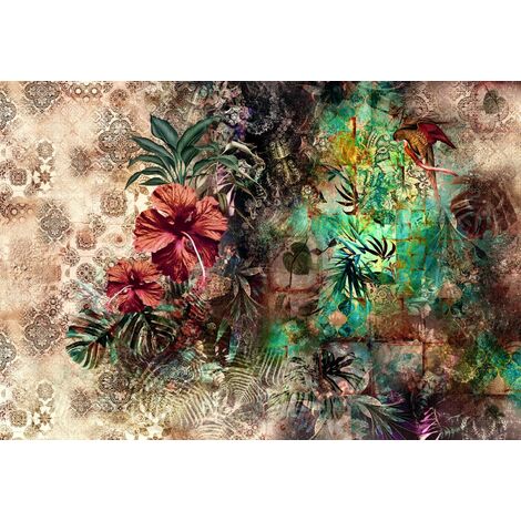 papier peint panoramique feuilles et fleurs tropicales multicolore  - Komar
