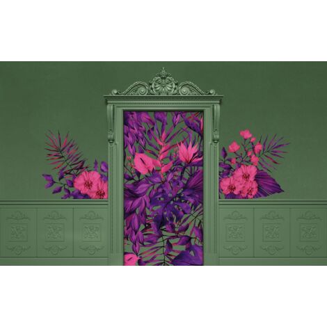 papier peint panoramique feuilles et fleurs tropicales vert, violet et rose  - Komar