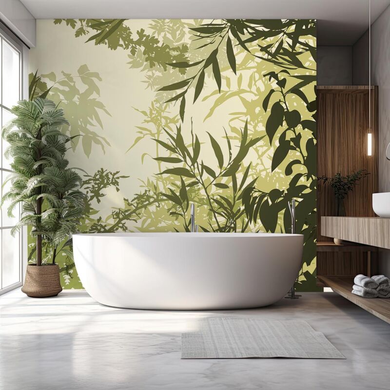 Papier peint panoramique feuilles sous bois tropical