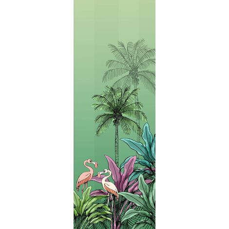 papier peint panoramique feuilles tropicales avec des flamants roses vert  - Komar