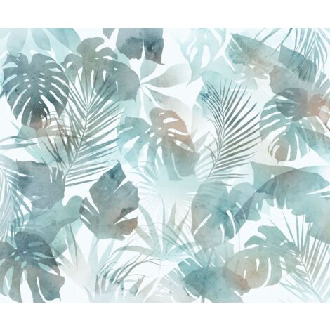 papier peint panoramique feuilles tropicales bleu gris  - Komar