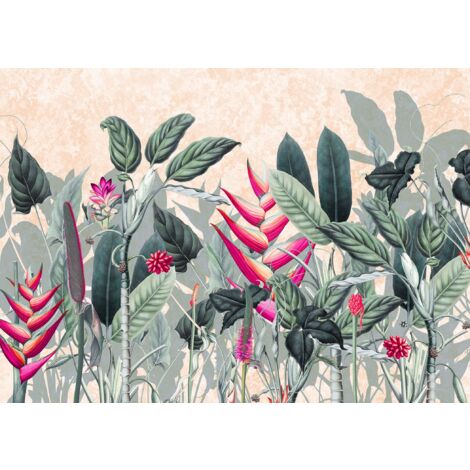 papier peint panoramique feuilles tropicales vert et rose  - Komar
