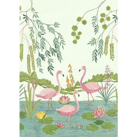 papier peint panoramique Flamingo Vibes rose, vert et bleu  - Komar