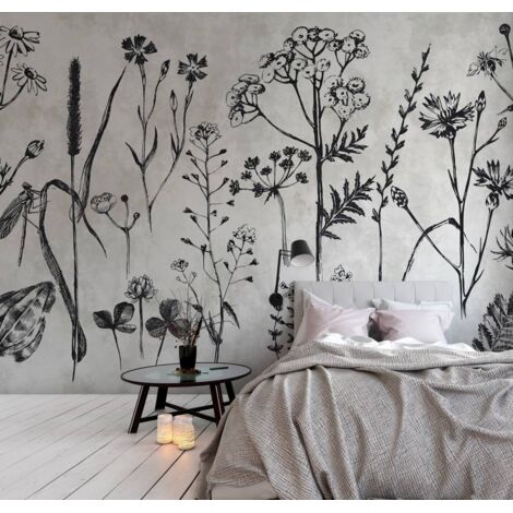 Papier peint panoramique fleuri noir et blanc | Tapisserie panoramique parfaite pour cuisine | Papier peint panoramique à motif fleurs  - 270 x 500 cm (5 pièces)
