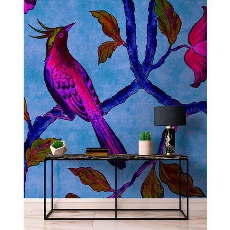 Papier peint panoramique fleuri pour salon Tapisserie panoramique oiseaux Papier peint panoramique animaux bleu et violet