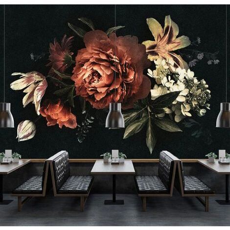 Papier peint panoramique fleuri sur fond noir Tapisserie panoramique fleurs de lys et roses Papier peint panoramique moderne pour salon