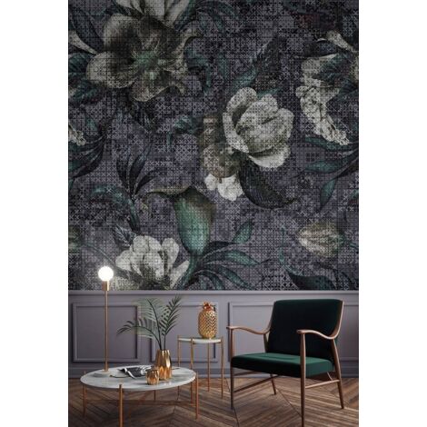 Papier peint panoramique fleuri sur fond noir | Tapisserie panoramique graphique grise et blanche | Papier peint panoramique tendance pour chambre - 270 x 400 cm (4 pièces)