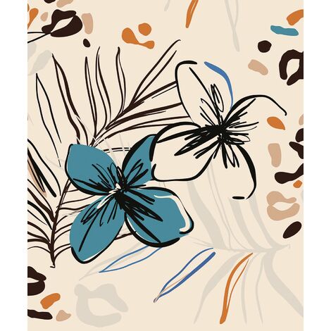 papier peint panoramique fleurs beige, bleu et orange  - Sanders & Sanders
