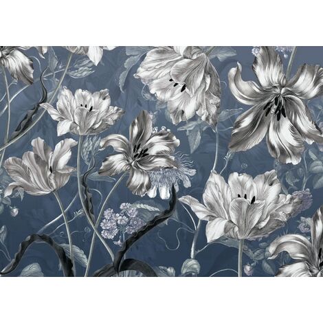 papier peint panoramique fleurs bleu et gris  - Komar