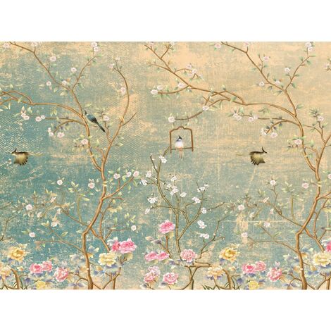 Papier peint panoramique fleurs et oiseaux - 3,6 x 2,7 m de Sanders & Sanders - bleu canard