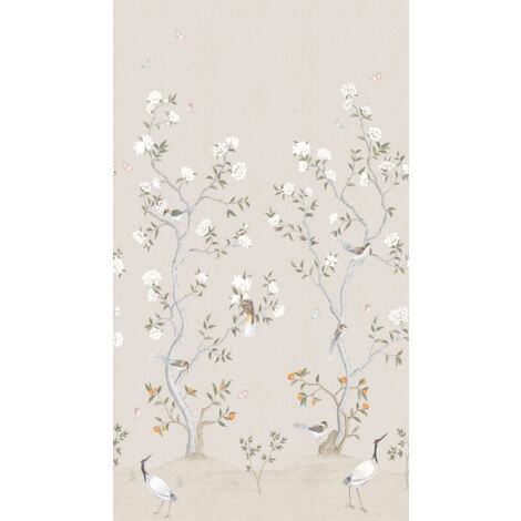 papier peint panoramique fleurs et oiseaux beige et blanc  - Sanders & Sanders