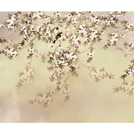 papier peint panoramique fleurs et oiseaux beige  - Komar