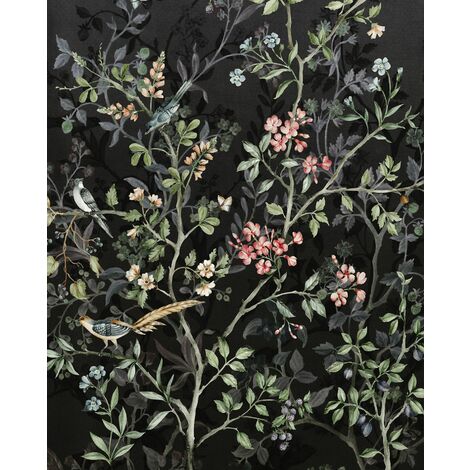 papier peint panoramique fleurs et oiseaux noir  - Komar