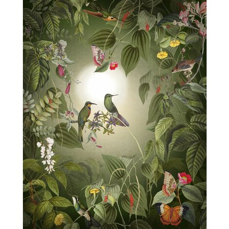 papier peint panoramique fleurs et oiseaux vert  - Komar