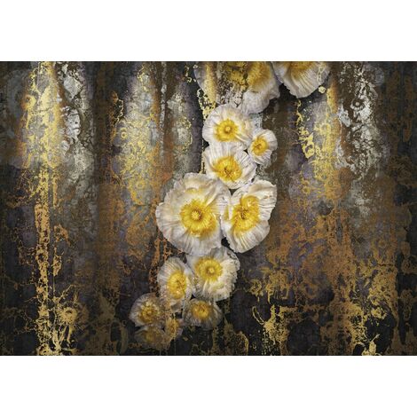 papier peint panoramique fleurs gris, jaune et or  - Komar