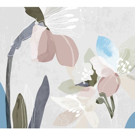 papier peint panoramique fleurs gris, rose et bleu  - Sanders & Sanders