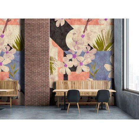Papier peint panoramique fleurs japonaises Tapisserie panoramique multicolore pour salle à manger Papier peint panoramique graphique fleuri