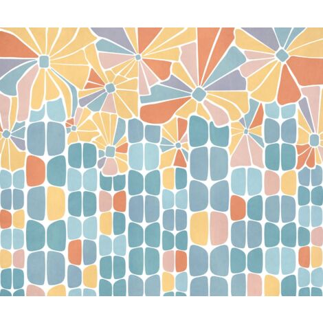 papier peint panoramique fleurs rétro bleu, jaune et terracotta  - Komar